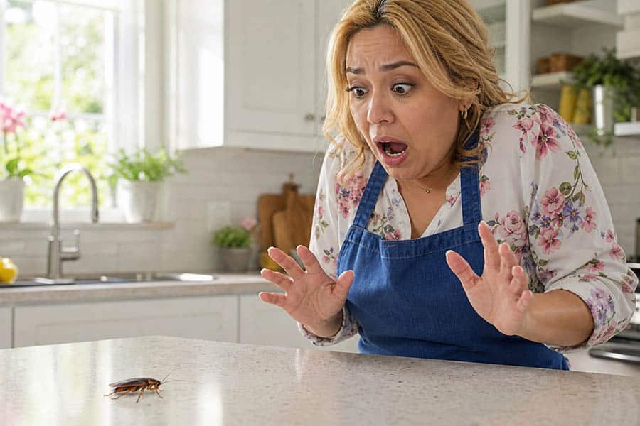 mujer asistada al ver cucaracha en la encimera de la cocina