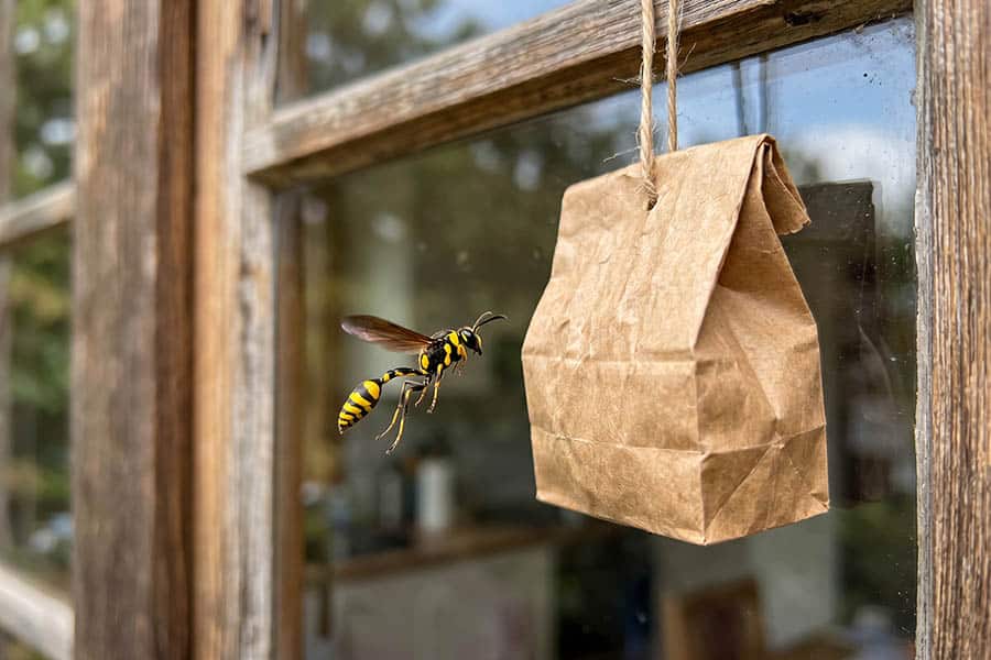 bolsa de papel colgada en la ventana como repelenta para ahuyentar avispas