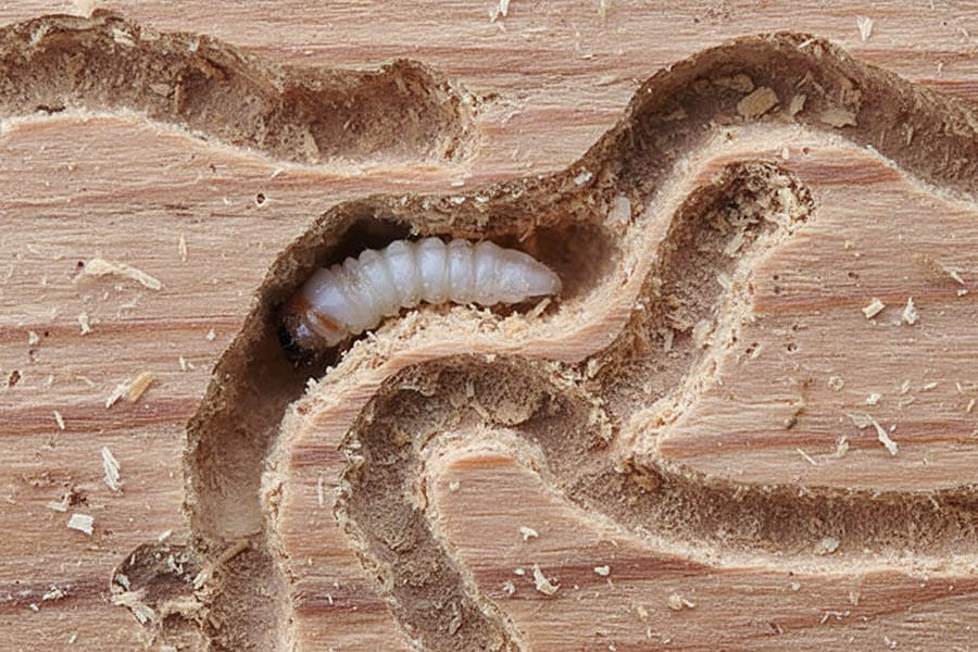 larva de carcoma comiendo madera y tuneles que deaja a su paso